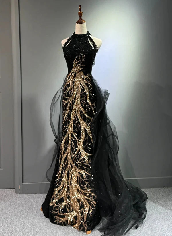 Black Halter Sequins Long Party Dress with God Lace